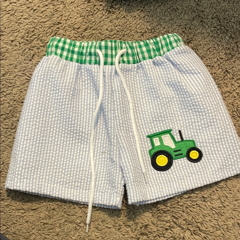 Green Tractor Embroidered Kids Swim trunks